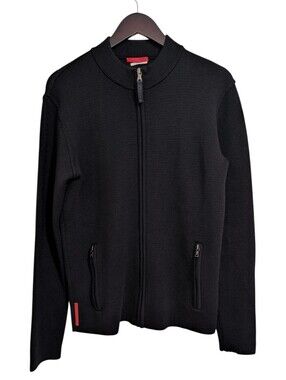 PRADA Linea Rossa Black 100% Wool Full Zip Knit Cardigan Sweater Jacket Men US M